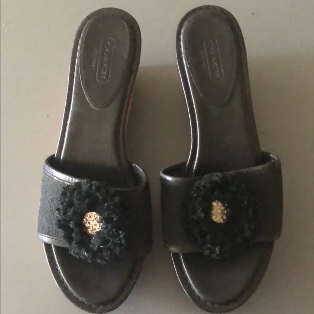 Coach Black Leather & Cork Wedge Slide Sandals - Picture 2 of 5